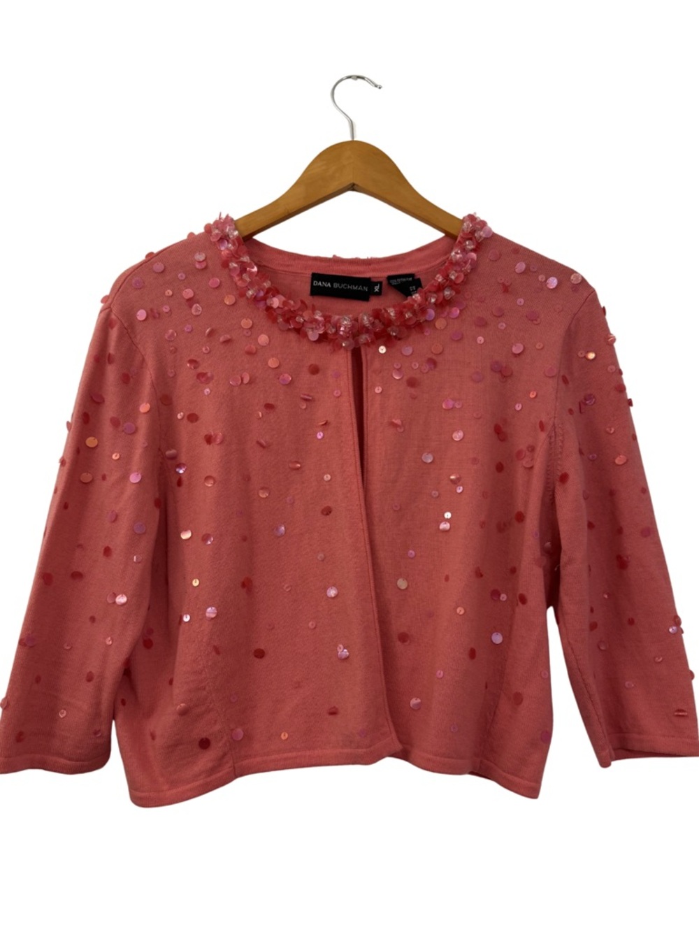 Dana Buchman Pink Beaded Sequin Cropped Cardigan Merino Wool, Size XL Sweater
